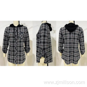 Lady's Autumn Black Checks Loose Hooded Shirt